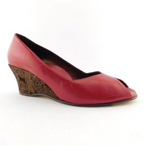 TARYN ROSE Dark Red Leather Peep Toe Brocade Wedge Heel Pumps 38.5